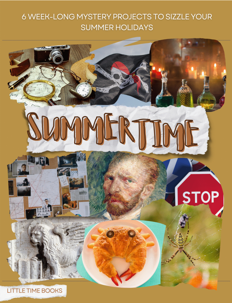 Brown cover of Summer Time working copy including images of mystery topics